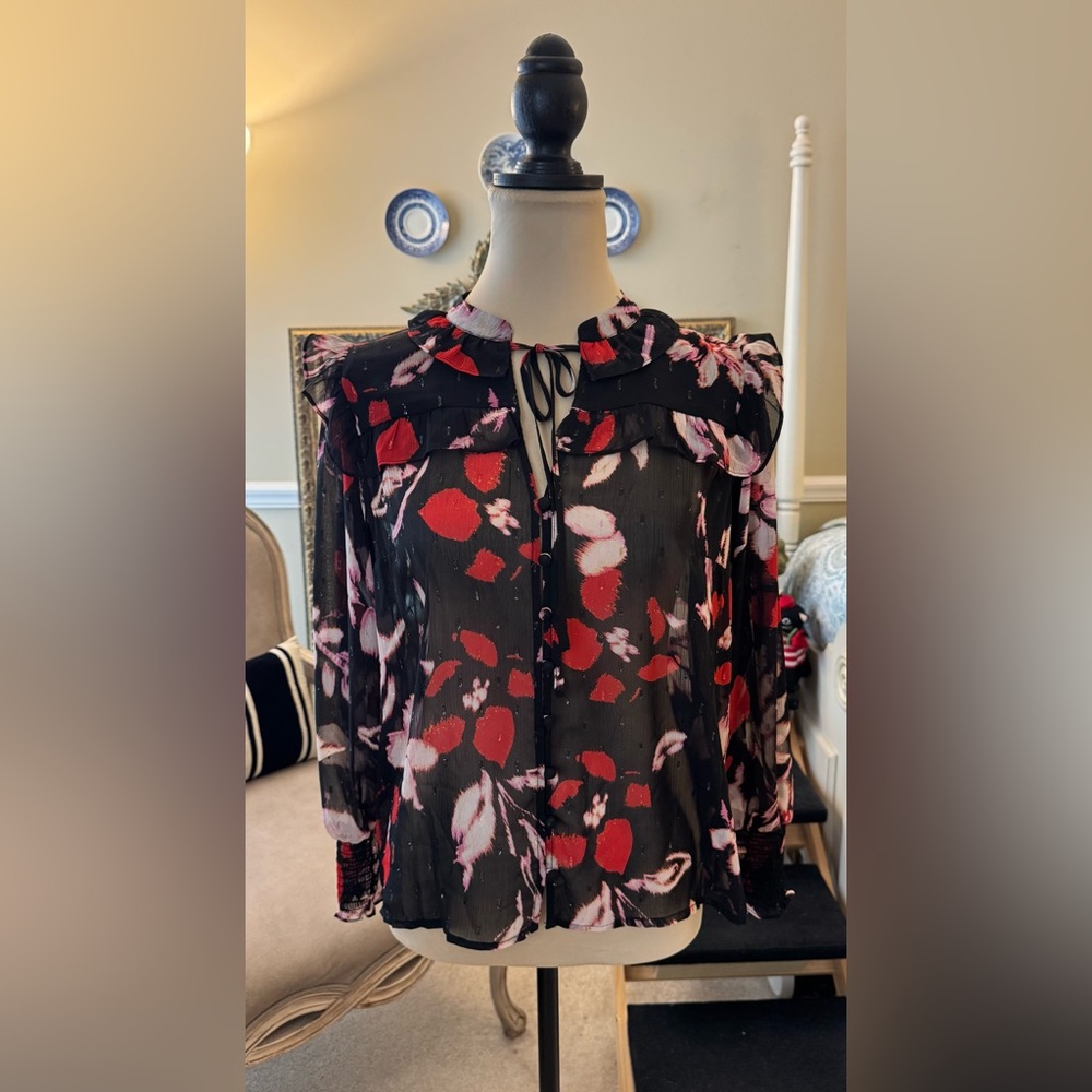 Sanctuary Black Long Sleeve Top with Red and Pink Floral Design, NWT, XS & S